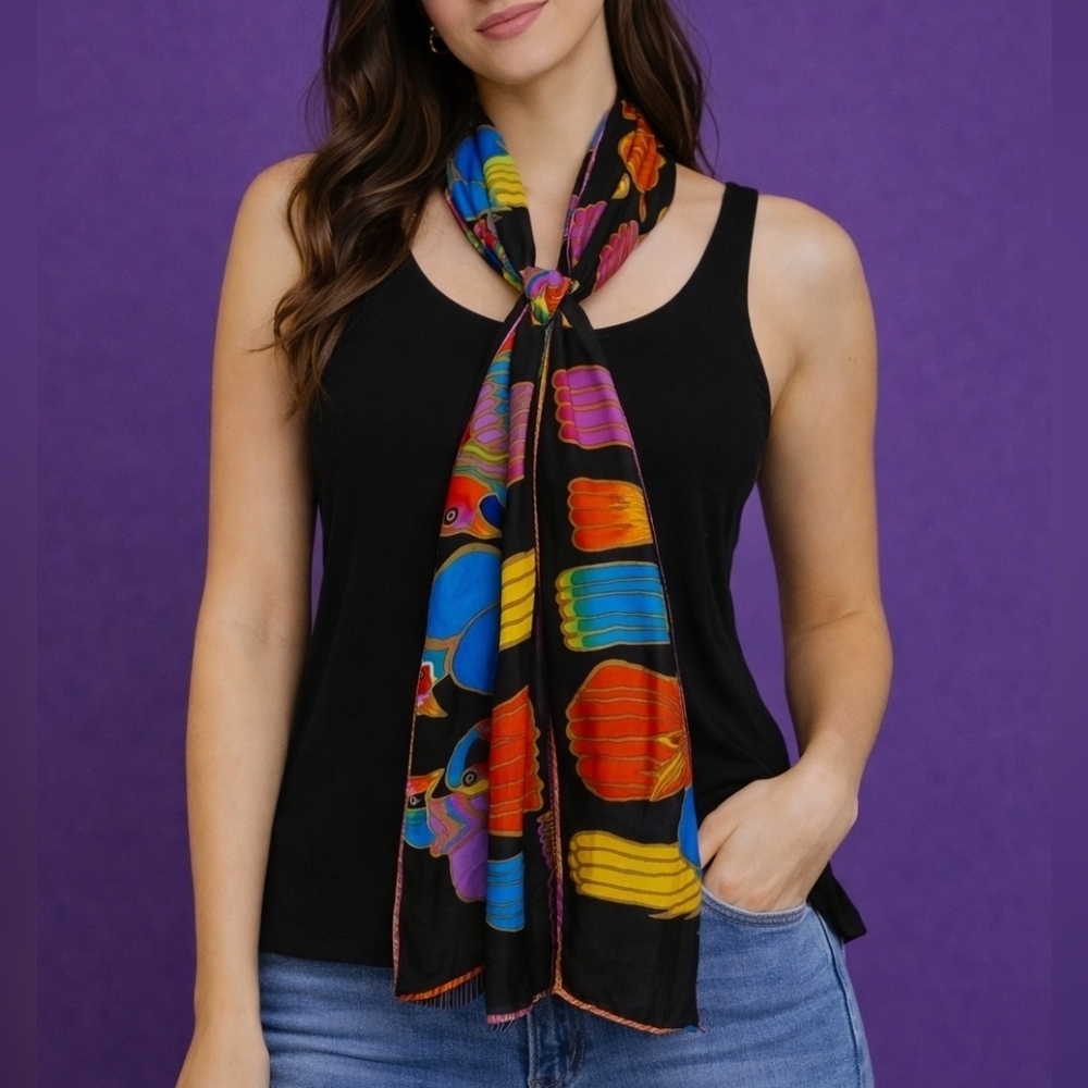 LAUREL BURCH Colorful Rainbow Tropical Bird Print Silk Resort Festival Scarf
